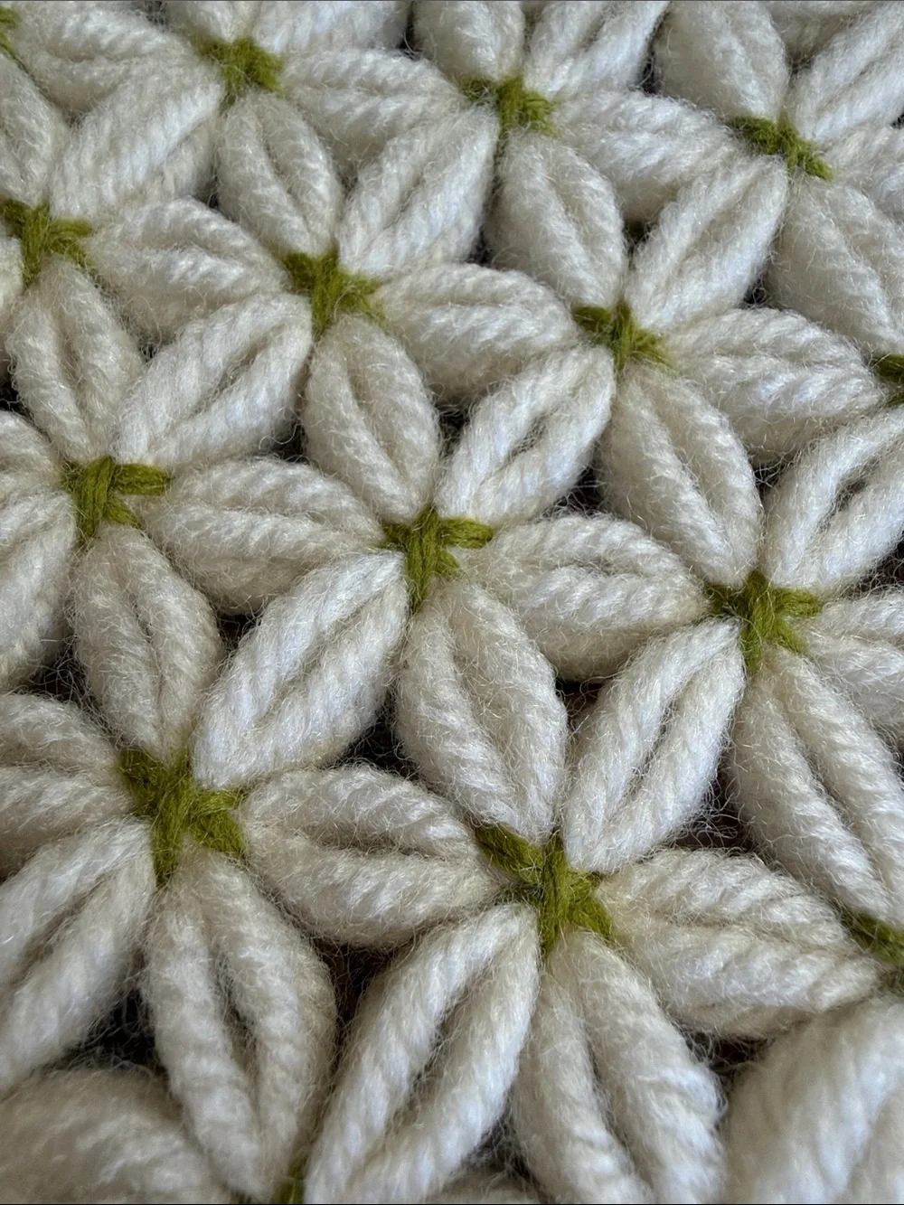 Vintage Crochet Jasmine Stitch Daisy Cream and Avocado Green Placemats Set of 6
